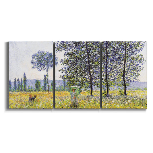 Three-panel canvas wall art featuring sunlight filtering through tall poplars on white background.