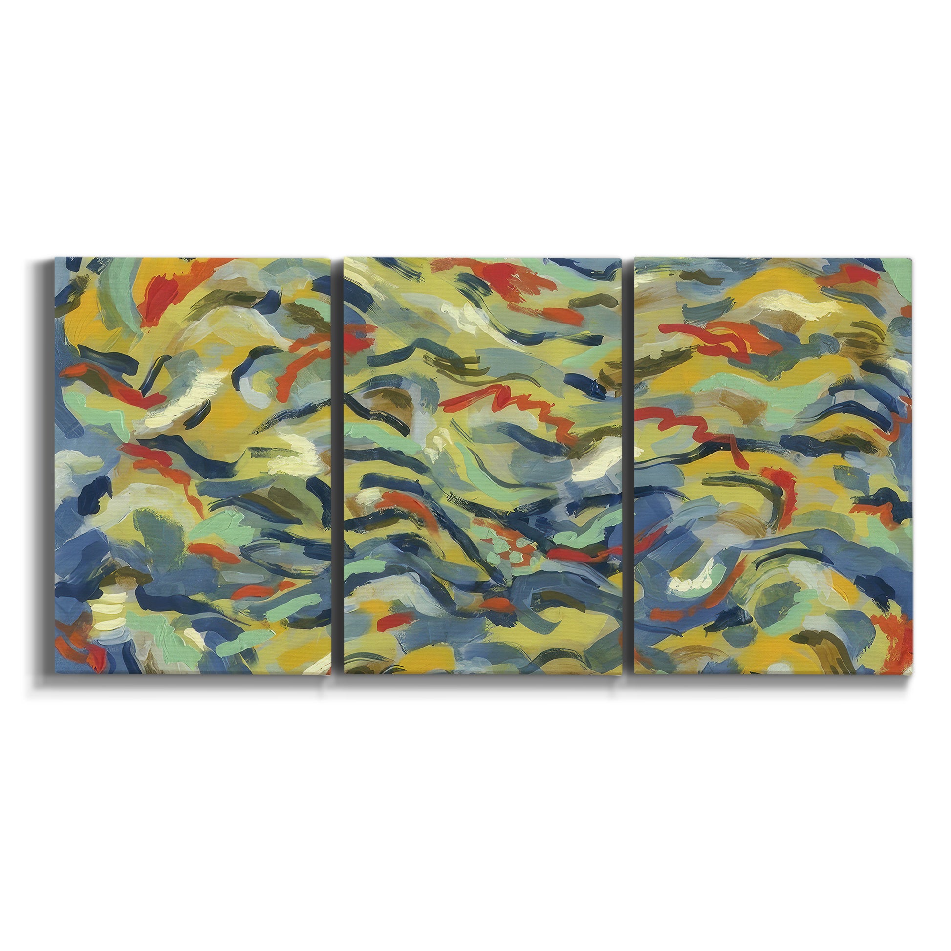 Three-panel canvas wall art featuring colorful abstract river like motion on white background.