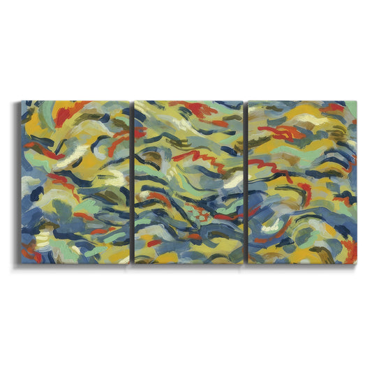 Three-panel canvas wall art featuring colorful abstract river like motion on white background.