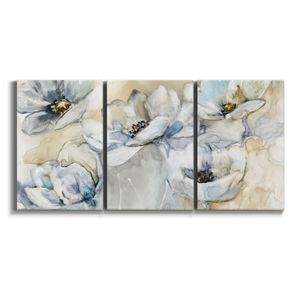 Three-panel canvas wall art featuring delicate watercolor floral blooms on white background.