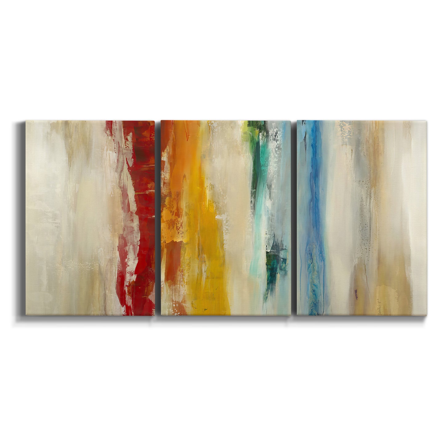 Three-panel canvas wall art featuring abstract divided color hemisphere forms on white background.