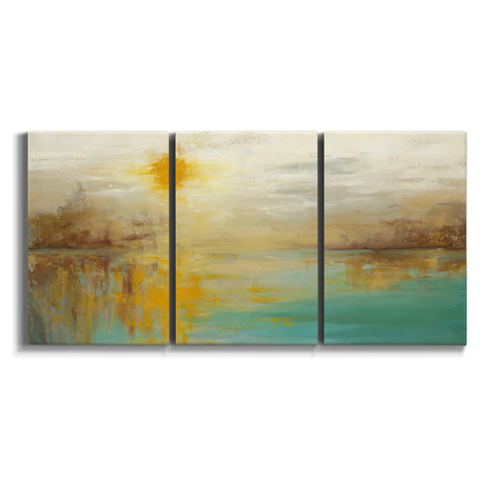 Three-panel canvas wall art featuring warm abstract end of summer palette on white background.