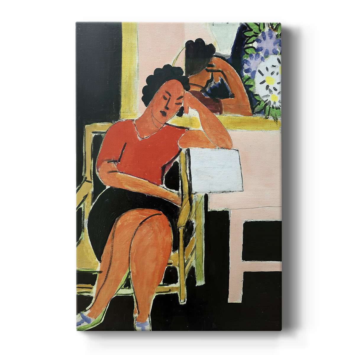 Canvas art print featuring a modern portrait of a woman reading against a dark background with bold color on a clean white background.