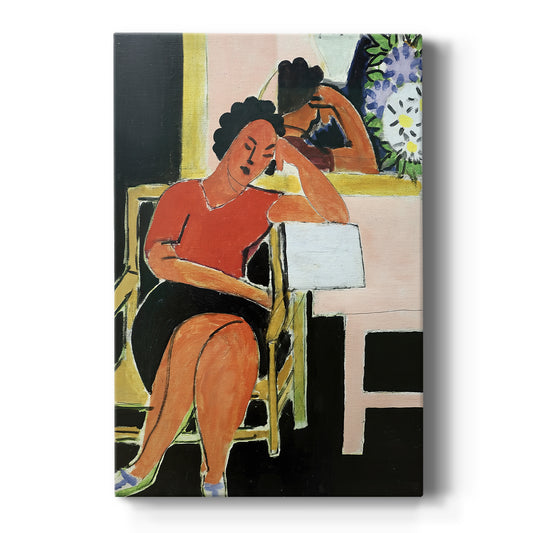 Canvas art print featuring a modern portrait of a woman reading against a dark background with bold color on a clean white background.