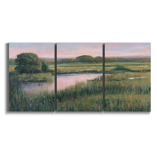 Three-panel canvas wall art featuring spring marsh landscape with grasses on white background.