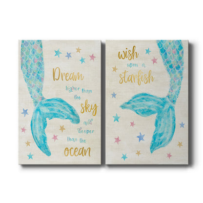 Set of two vertical canvas prints featuring whimsical mermaid coastal illustration, displayed side by side.