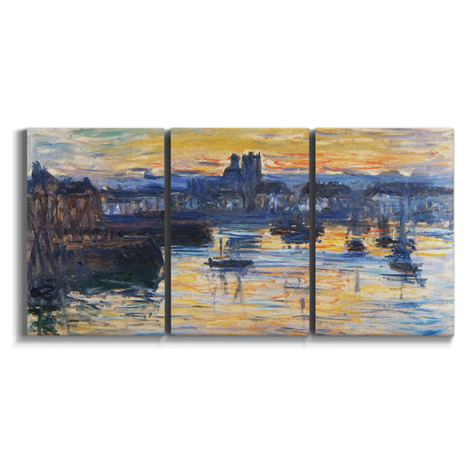 Three-panel canvas wall art featuring Dieppe port at evening with boats on white background.