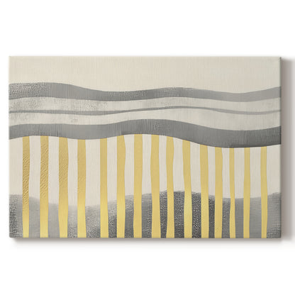 Abstract painting featuring Gray and yellow stripes and lines creating a modern art composition displayed in a minimalistic setting