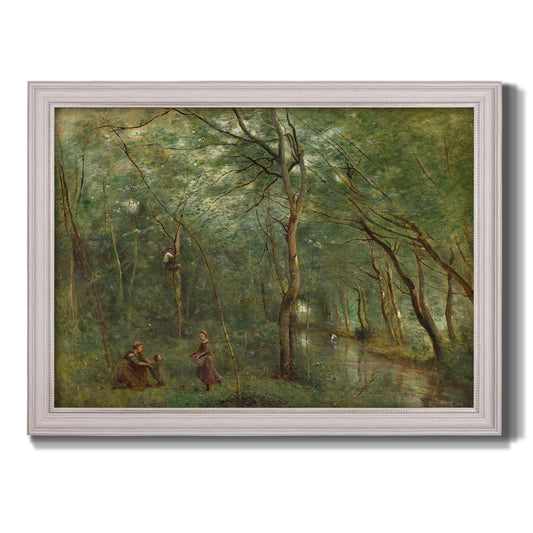 Traditional rural landscape scene with figures by Jean-Baptiste-Camille Corot printed on canvas in an ornate weathered white frame.