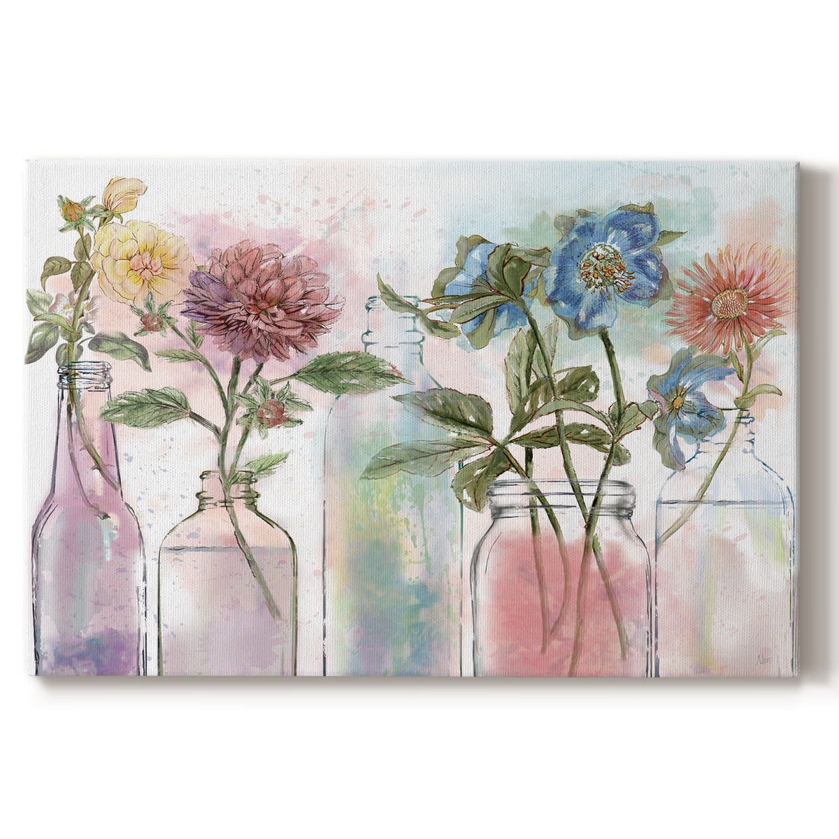 flowers,jars,glass,floral arrangements,colorful,blooms,greenery,display,nature,daylight,vibrant colors,spring,decoration,garden,creativity,water,botanical,petals,soft background,artistry,still life,pink,blue,yellow,green,home decor,craft,arrangement,beauty,freshness,ornamental,seasonal,vivid,joyful,aesthetic,handpicked,celebration,nature inspired,tranquility