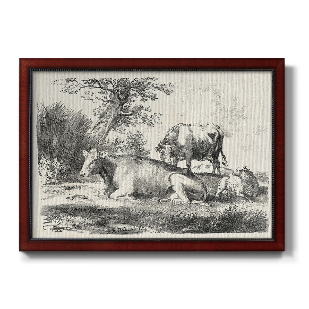 Classical pastoral landscape artwork by Nicolas Berchem printed on canvas in an ornate cherry burl wood frame.
