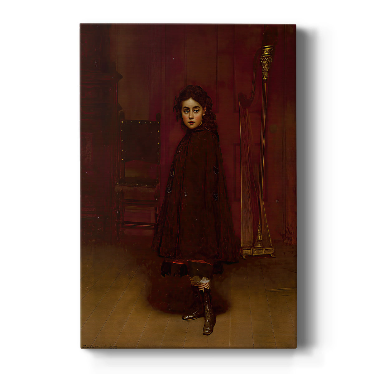 Canvas art print featuring a realistic scene of a woman seated with a harp in a softly lit interior on a clean white background.