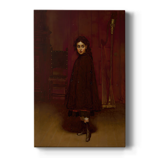 Canvas art print featuring a realistic scene of a woman seated with a harp in a softly lit interior on a clean white background.