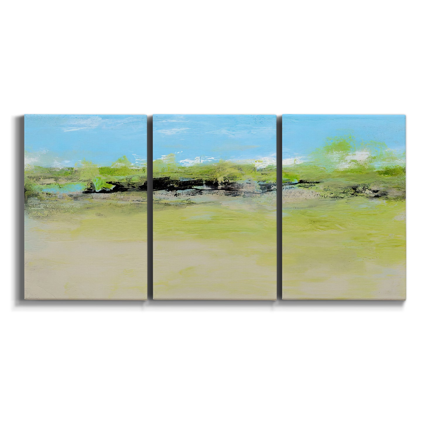 Three-panel canvas wall art featuring abstract terrace landscape view on white background.