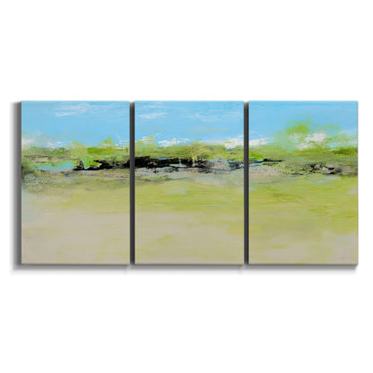 Three-panel canvas wall art featuring abstract terrace landscape view on white background.