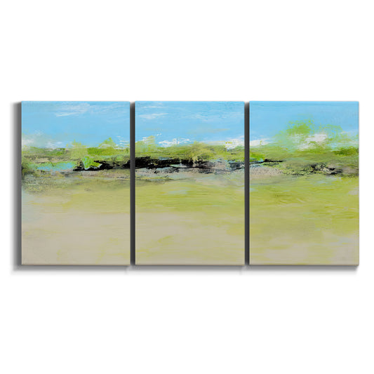 Three-panel canvas wall art featuring abstract terrace landscape view on white background.