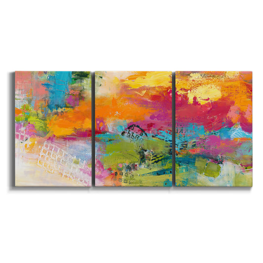 Three-panel canvas wall art featuring expressive abstract sunset tones on white background.