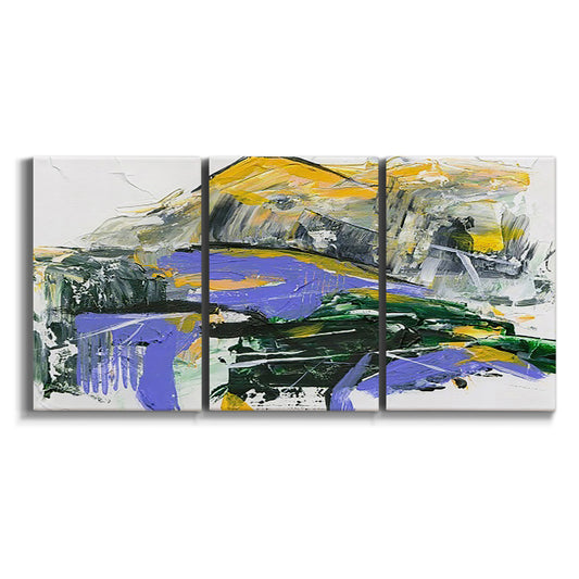 Three-panel canvas wall art featuring quiet abstract mountain silhouette on white background.