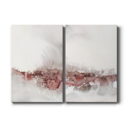 Set of two vertical canvas prints featuring abstract soft pink wave artwork, displayed side by side.