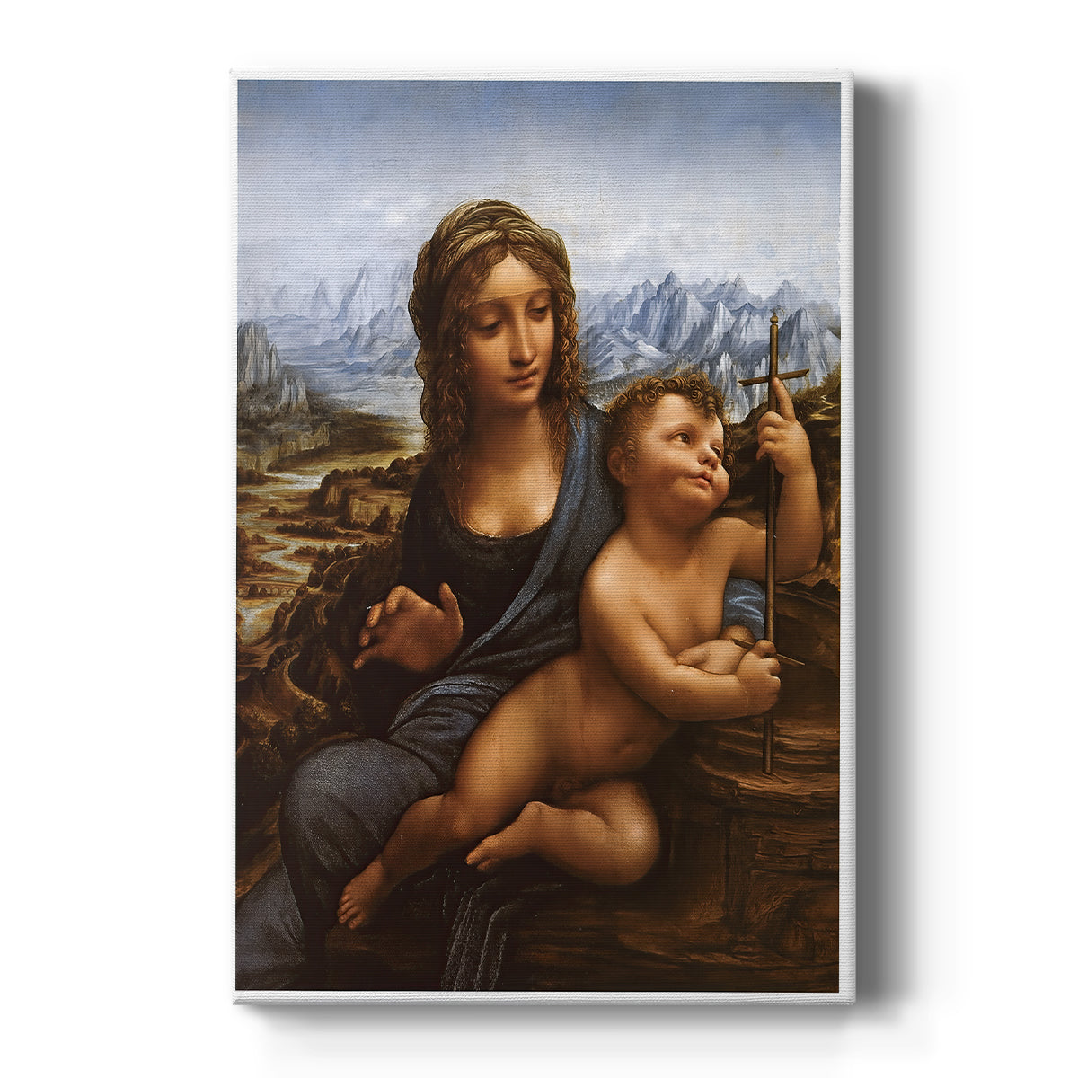 Canvas art print featuring a Renaissance scene of the Madonna and child with a yarnwinder in a soft landscape on a clean white background.