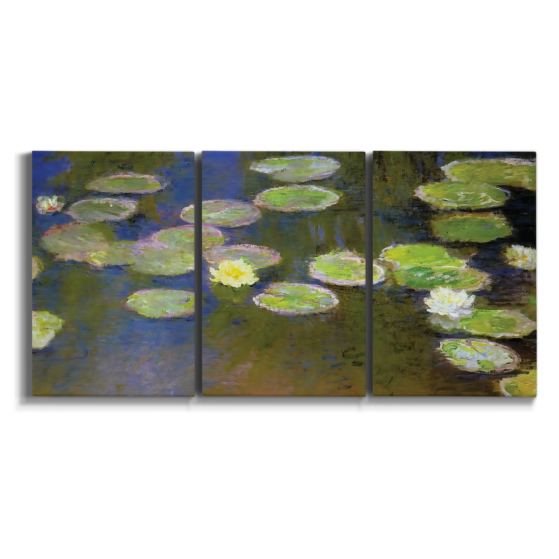 Three-panel canvas wall art featuring yellow and white water lilies on white background.