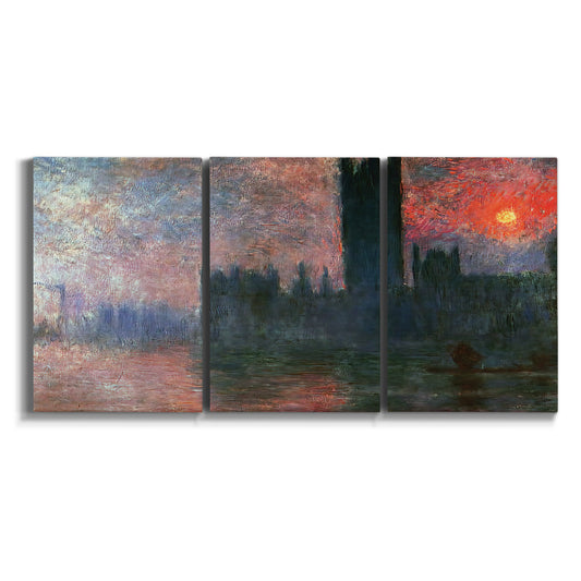 Three-panel canvas wall art featuring parliament silhouetted at dusk on white background.