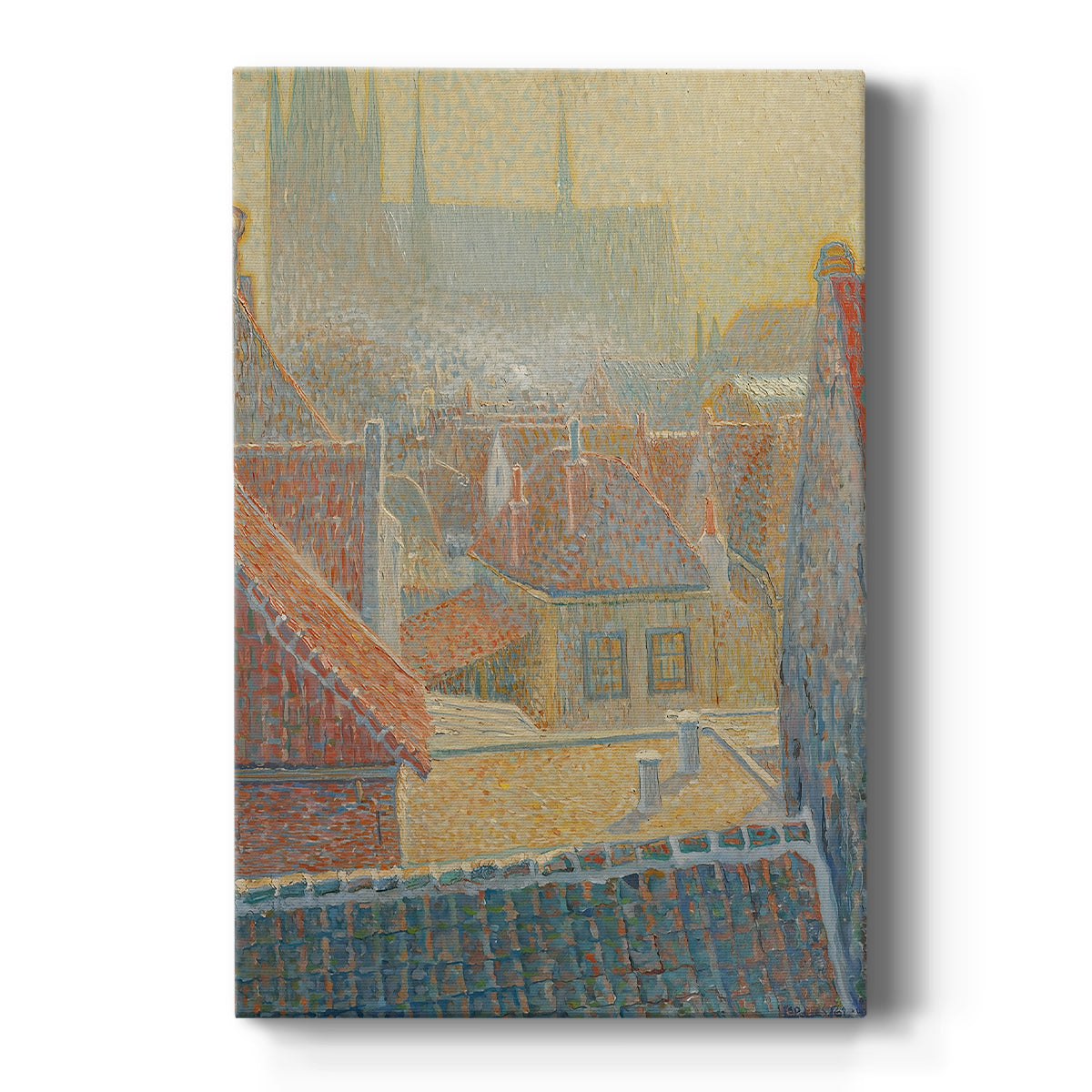 Canvas art print featuring a pointillist cityscape of a church with dotted color and soft light on a clean white background.