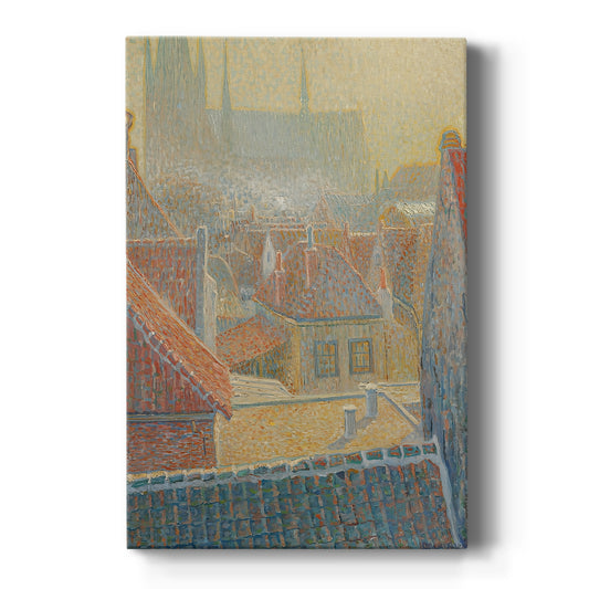 Canvas art print featuring a pointillist cityscape of a church with dotted color and soft light on a clean white background.