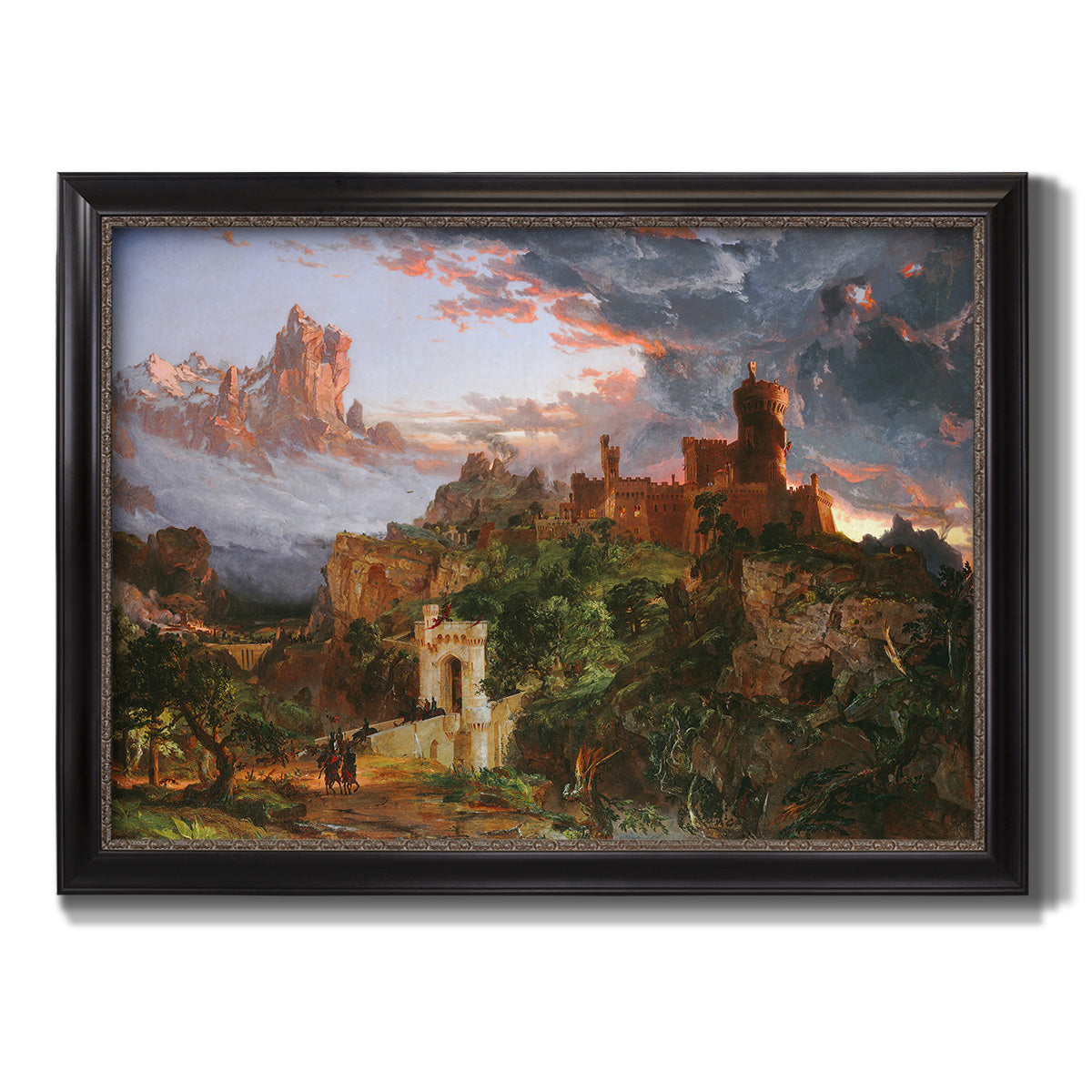 Romantic allegorical landscape painting by Jasper Francis Cropsey printed on canvas in an ornate black frame with gilded inner detail.