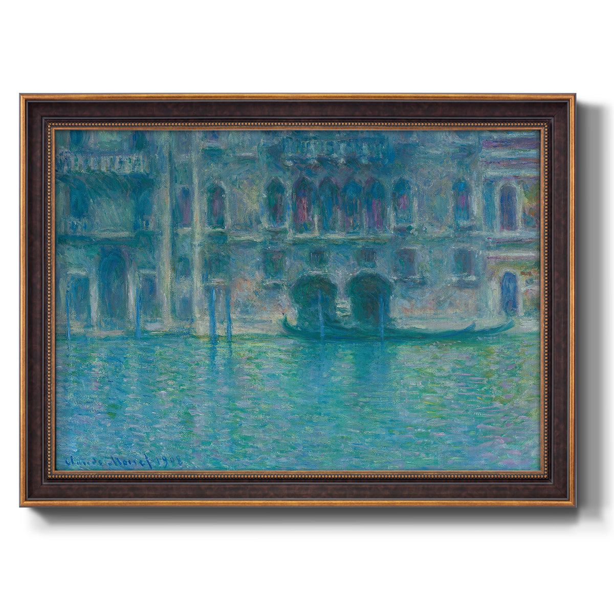 Impressionist Venetian palace waterfront scene by Claude Monet printed on canvas in an ornate bronzed mahogany wood frame.