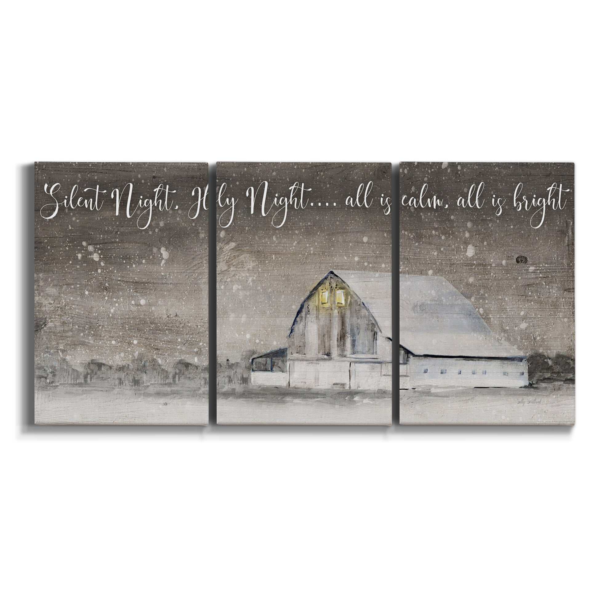 Three-panel canvas wall art featuring rustic winter holiday text art on white background.