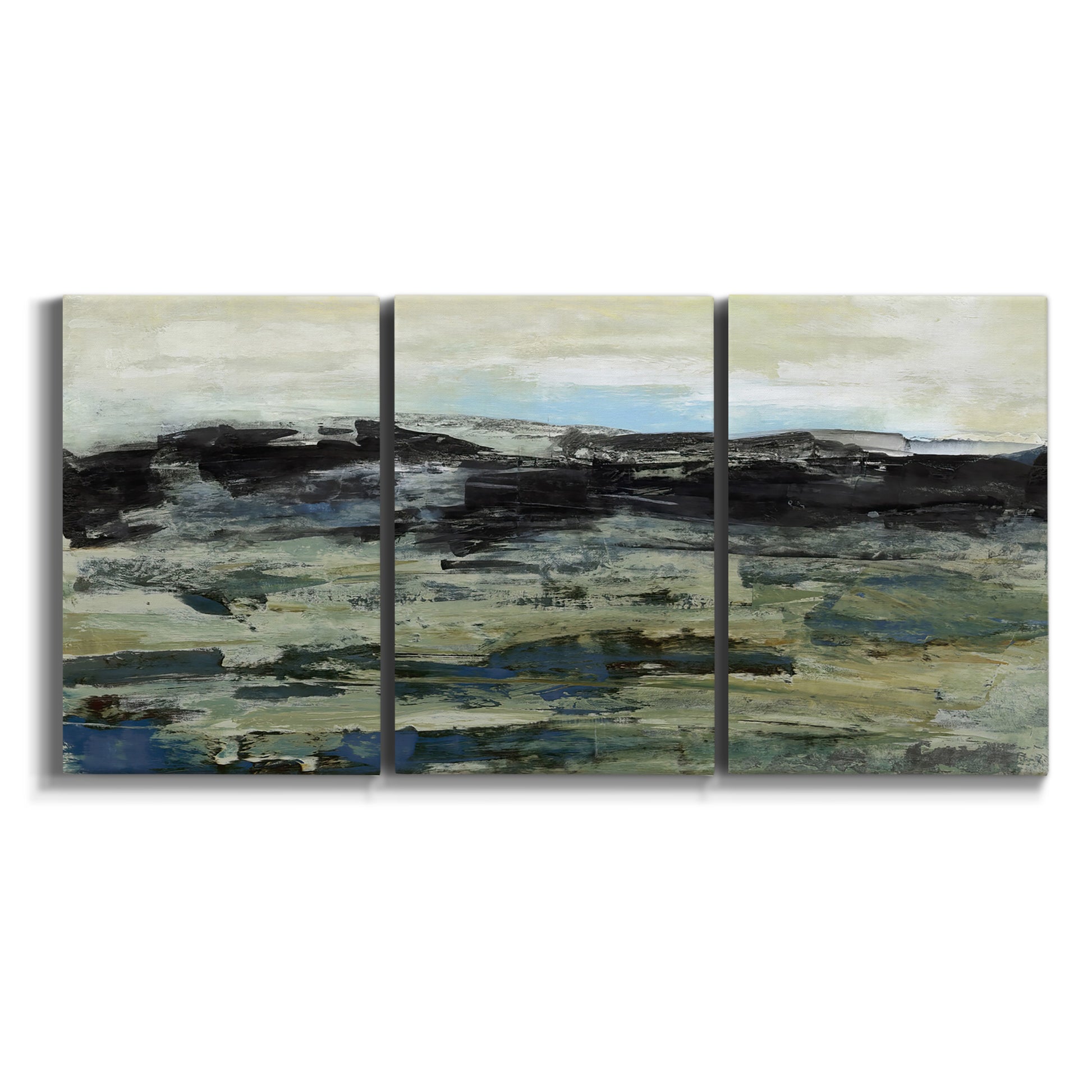 Three-panel canvas wall art featuring muted abstract landscape study on white background.