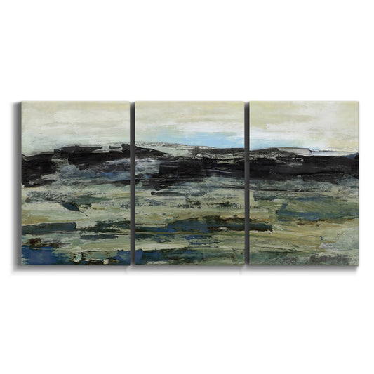 Three-panel canvas wall art featuring muted abstract landscape study on white background.