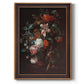 Classical floral still life painting by Jan van Huysum printed on canvas in an ornate weathered white frame with a vertical orientation.
