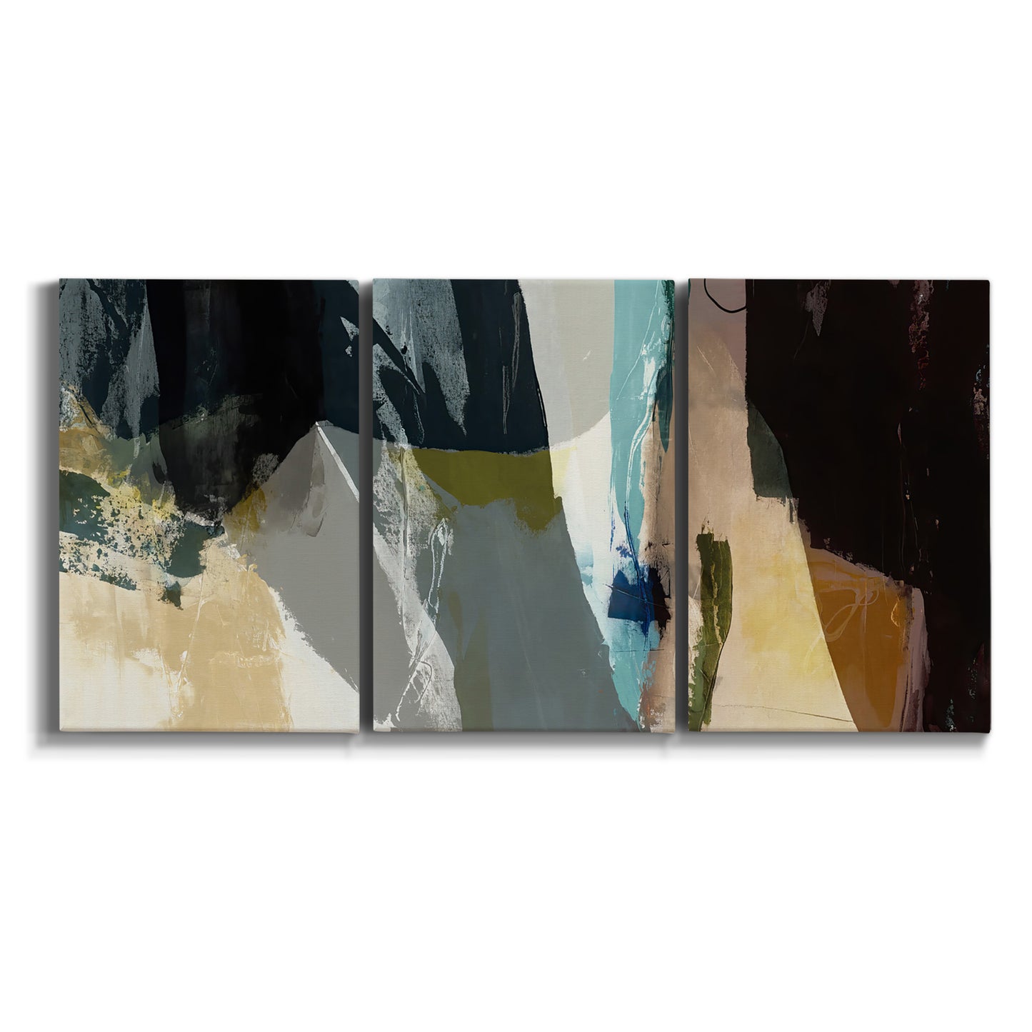 Three-panel canvas wall art featuring layered neutral abstract textures on white background.