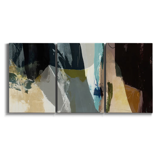 Three-panel canvas wall art featuring layered neutral abstract textures on white background.