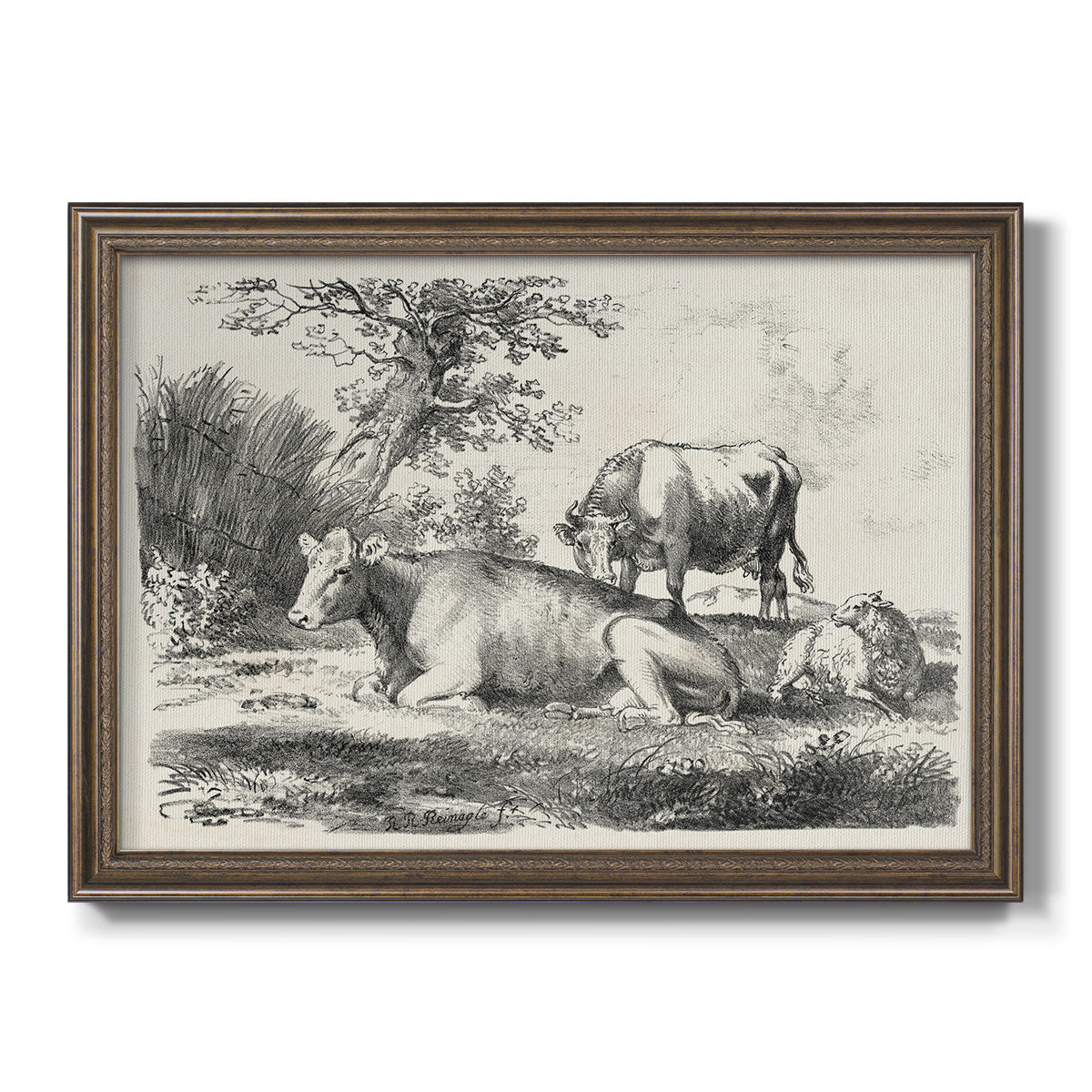 Classical pastoral landscape artwork by Nicolas Berchem printed on canvas in an ornate traditional bronze frame.