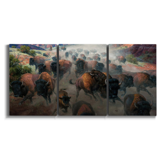 Three-panel canvas wall art featuring stormy canyon landscape with animals on white background.