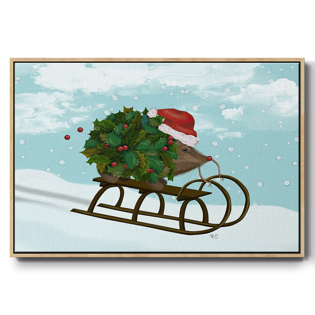 Christmas Holly Hedgehog Sledding - Floater Framed Canvas Print