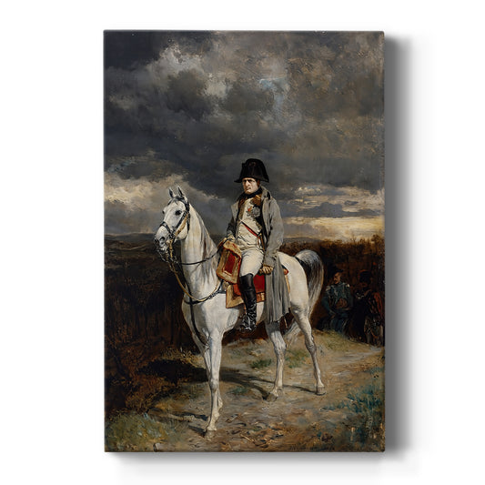 Canvas art print featuring a realistic portrait of Napoleon on horseback in a muted landscape on a clean white background.