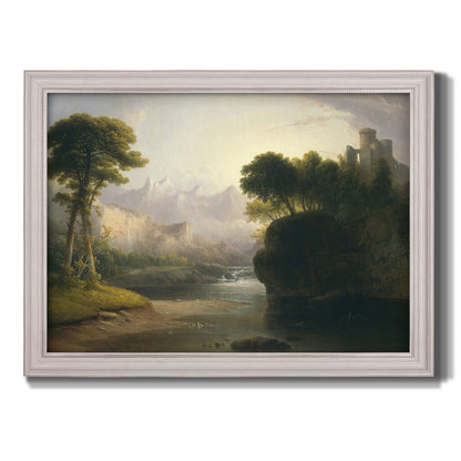 Romantic autumn landscape along the Hudson River by Thomas Doughty printed on canvas in an ornate weathered white frame.