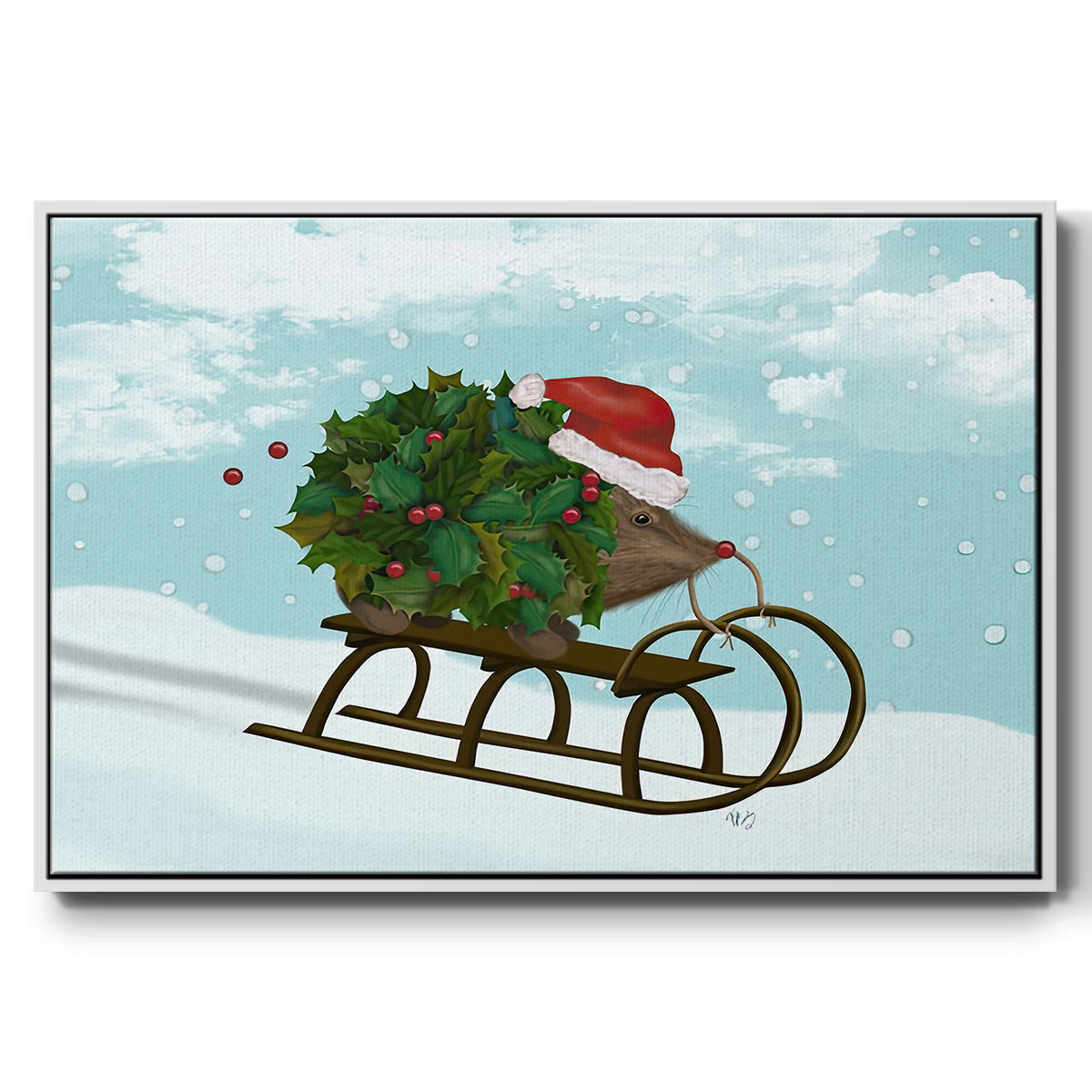 Christmas Holly Hedgehog Sledding - Framed Gallery Wrapped Canvas in Floating Frame