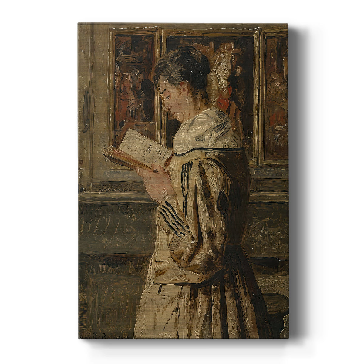 Canvas art print featuring a realistic interior scene of a woman reading in soft window light on a clean white background.