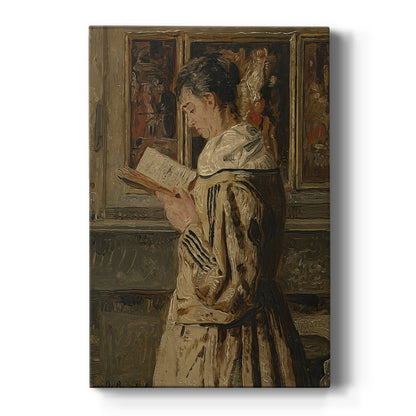 Canvas art print featuring a realistic interior scene of a woman reading in soft window light on a clean white background.