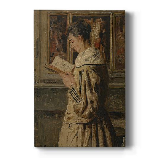 Canvas art print featuring a realistic interior scene of a woman reading in soft window light on a clean white background.