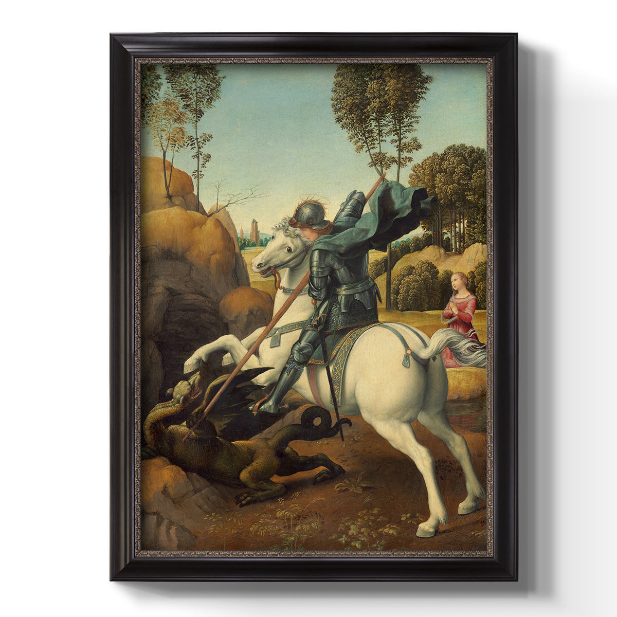 Religious painting of Saint George slaying the dragon by Raphael printed on canvas in an ornate black frame with gilded inner detail with a vertical orientation.