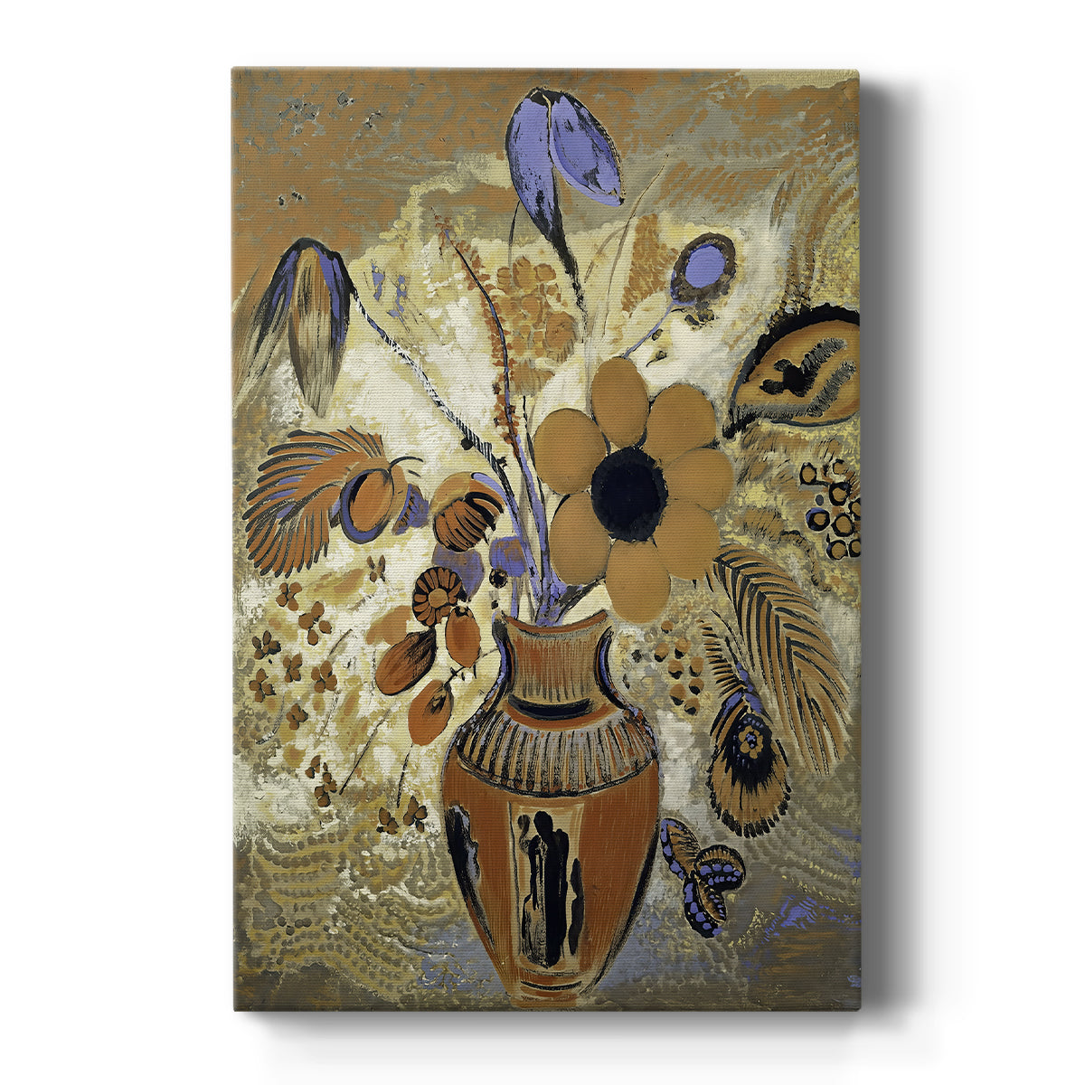 Canvas art print featuring a symbolic still life of flowers in an ornate vase with soft color on a clean white background.