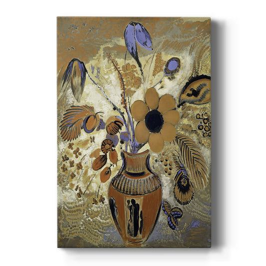 Canvas art print featuring a symbolic still life of flowers in an ornate vase with soft color on a clean white background.