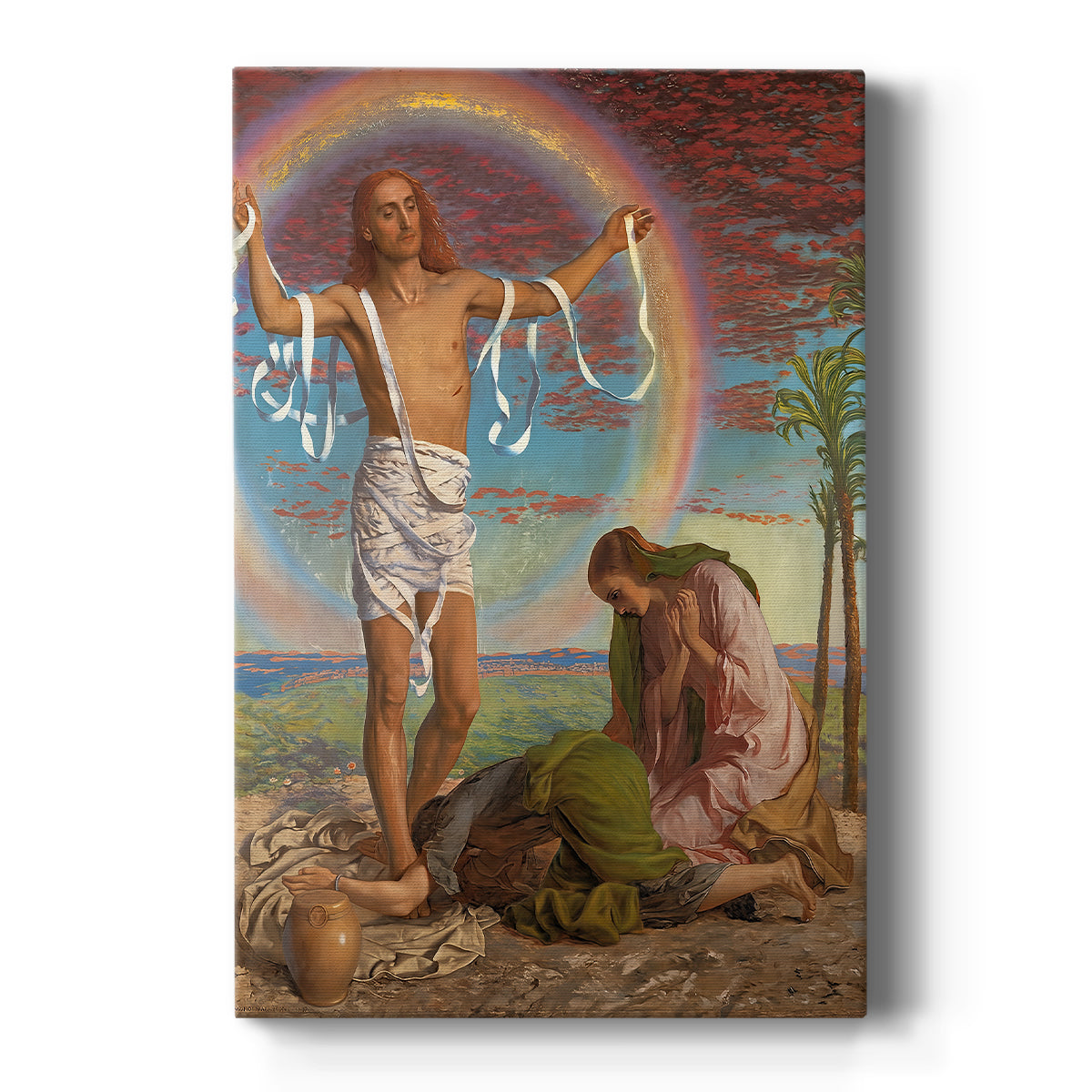 Canvas art print featuring a religious scene of figures gathered around Christ with soft light on a clean white background.