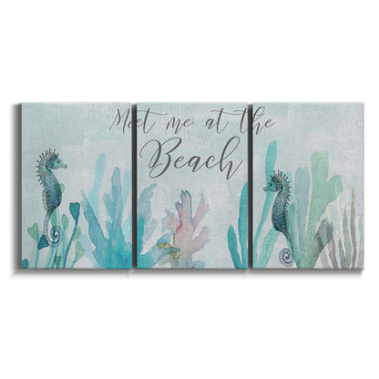 Three-panel canvas wall art featuring coastal typography with seahorses on white background.